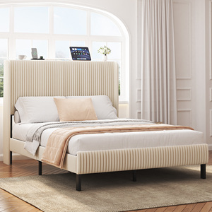 Modern Full <b>Size</b> Adjustable Storage Platform <b>Bed</b> with Wood <b>Frame</b> and Charging Station No Box Spring Needed (Beige) - Product Image 1