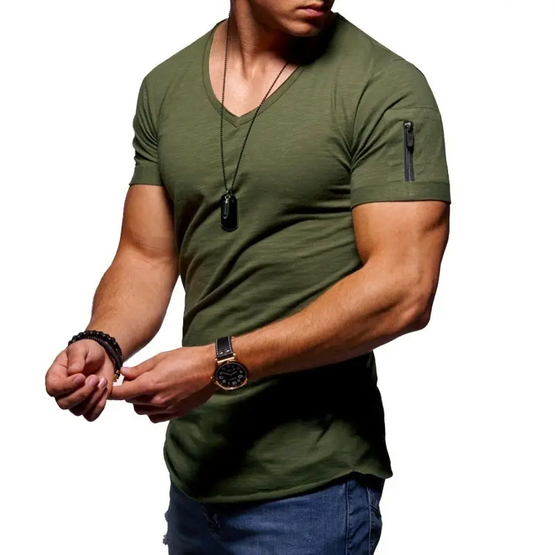 New Fashion Men'S Plus Size T-Shirt Custom V-Neck Solid Color Short-Sleeved T-Shirt