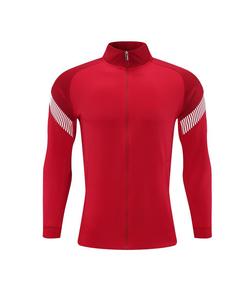 T-shirt sportif pour homme à manches longues rouge avec col zippé, respirant, en toile, à motif rayé, coupe ajustée, en polyester, haut athlétique - Product Image 1