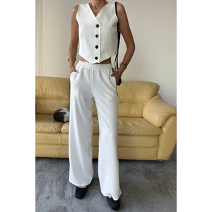 Conjunto de pantalones y chaleco corto blanco con rayas laterales y detalle de abertura en el bajo para mujer, talla S - Product Image 4