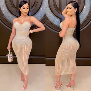 Đầm voan trắng thời trang mới dành cho nữ, kiểu dáng đi club, đính đá nóng bỏng, dây đeo đính kim cương, lưới xuyên thấu họa tiết báo, lớp phủ lưới gạc. - Product Image 3