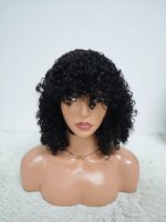 Letsfly Promotion 67$ Perruques Pixie bouclées avec frange 14 pouces Densité 250% Sans dentelle 210 grammes 100% Cheveux vierges brésiliens Brun clair Vente en gros