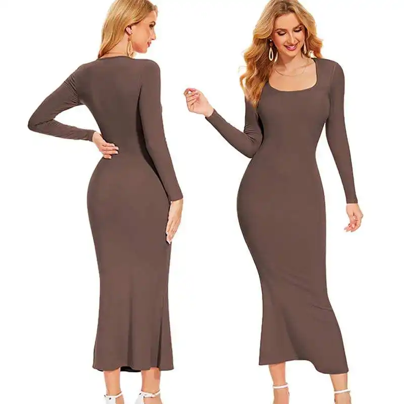 Custom Tight Maxi Ribbed Dresses Women Lady Sexy Long Sleeve Skinny Casual Lounge Shapewear Snatched Slim Knitted Bodycon Dress