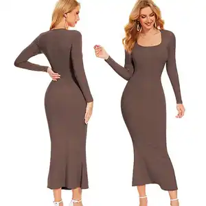 Custom Tight Low-cut Maxi Ribbed Dresses Women Lady Sexy Long Sleeve Skinny Casual Lounge Wear Slim Knitted Bodycon Dress