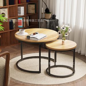 Wooden Nesting Coffee <b>Table</b> 2 Piece Set Round Black And <b>White</b> Natural Wood Color For Living Room Bedroom Balcony <b>Small</b> Apartment - Product Image 1