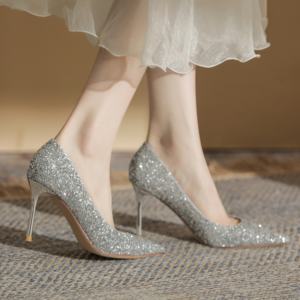 Chaussures sexy à talons hauts argentés, à paillettes scintillantes et cristaux, talons aiguilles souples, style pieds nus, idéales pour mariage, taille unique - Product Image 4