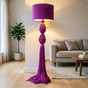 Lampadaire moderne noué avec abat-jour en textile rose, grand modèle, style contemporain, pour la décoration du salon - Product Image 5