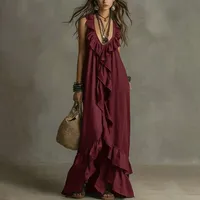 Robe élégante sans manches à col en V en polyester pour l'été, tenue décontractée, disponible en plusieurs couleurs et tailles, vente en gros
