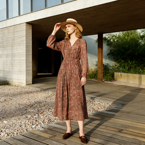 Elegante Abito Estivo da Donna con Stampa Floreale Metallizzata, Stile Boho, Leggero, Scollo a V, Vita Arricciata, Vestito Fluido <span class=keywords><strong>per</strong></span> Feste - Product Image 1