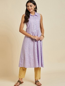 Robes de soirée indiennes pour femmes, prêtes à porter, à motifs ethniques, imprimées par décoloration, sans manches, à col rabattu, coupe trapèze, en coton brodé - Product Image 3