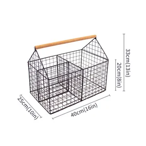 JY Basket Metal Wire Storage Storage Basket With Handle Wire Mesh Fruit Storage Basket With Wooden Handle