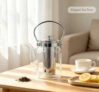 Théière en verre borosilicate haut de gamme au design classique, avec poignée en métal argenté, bouilloire artisanale avec infuseur en acier inoxydable