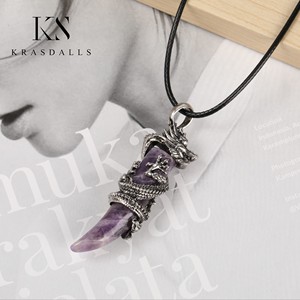 Collier en cristal en forme <span class=keywords><strong>de</strong></span> dent <span class=keywords><strong>de</strong></span> <span class=keywords><strong>loup</strong></span> Bijoux naturels en argent Pendentif améthyste enveloppé <span class=keywords><strong>de</strong></span> dragon Cadeau Pierre hexagonale <span class=keywords><strong>de</strong></span> guérison - Product Image 4