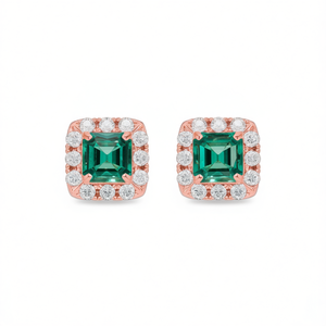 Boucles d'oreilles en or rose E2524 avec diamant taille émeraude et pierre centrale verte, bijoux classiques pour femmes - Product Image 1