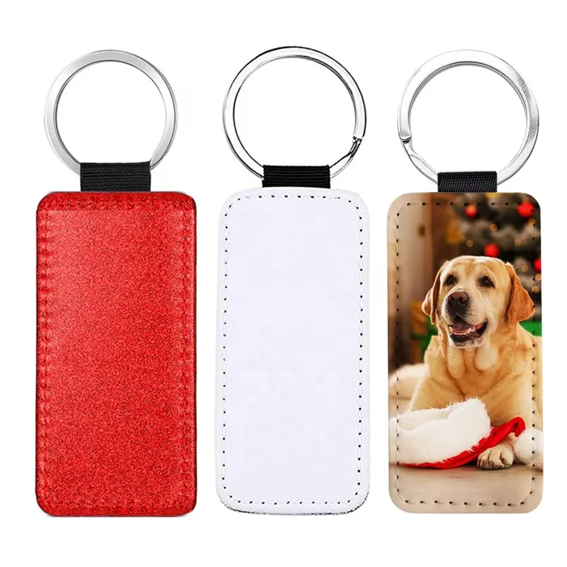 Printable Red Glitter PU Leather keychain Keyring Blanks Sublimation Christmas Ornaments