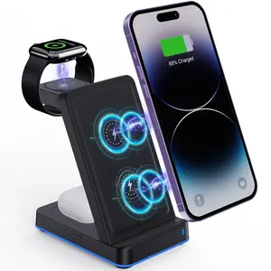Chargeur sans fil 3 en 1 pour iPhone Watch AirPods Qi 15W Smart Light Charging Stand