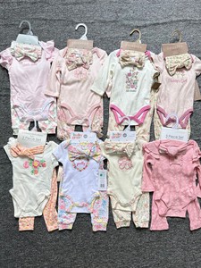 En stock : Ensemble 3 pièces côtelé en coton pour bébé fille (barboteuse à manches, pantalon fleuri, bandeau) – Vêtements de boutique pour <span class=keywords><strong>nouveau</strong></span>-<span class=keywords><strong>né</strong></span> 0-9 mois - Product Image 1