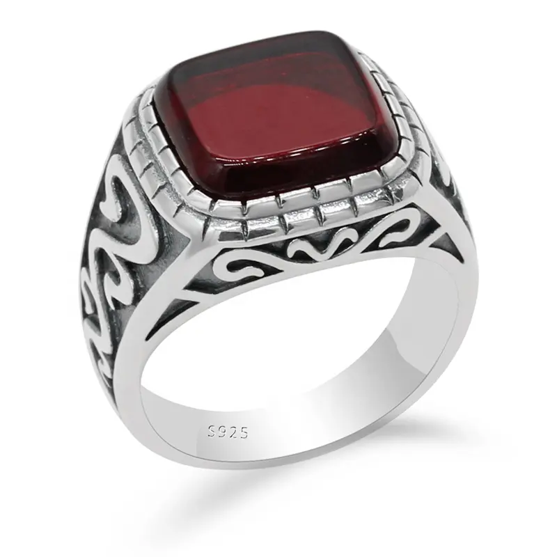 925 Sterling Silver Men Ring with Square Red Natural Agate Stone, Vintage Carved Ring for Men Turkish Handmade Jewelry