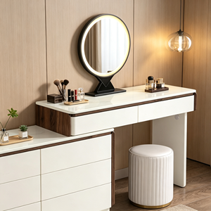 Coiffeuse moderne blanche avec miroir LED rond, meuble de rangement et tabouret pour chambre à coucher - Product Image 4