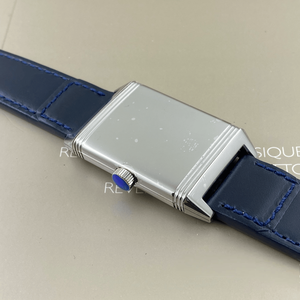 Montre mécanique rectangulaire Art Déco, boîtier en acier poli, cadran bleu, bracelet en cuir véritable, petite seconde, complication - Product Image 4