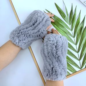 Gants sans doigts en fourrure de lapin Rex véritable, doux et chauds pour l'hiver, mitaines thermiques tricotées à demi-doigts pour femmes, pour la conduite et la frappe au clavier - Product Image 3
