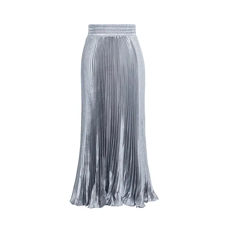 New Fashion European and American women's wear Satin metallic sheen pleated skirt long silk skirt