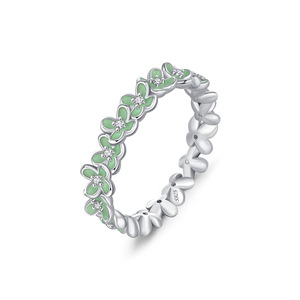 S925 Silver Cute Flower Eternity Band <b>Ring</b> In With Green Enamel And <b>Crystal</b> Stones For Women's Everyday Wear - Product Image 1