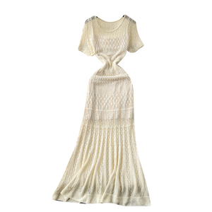 <span class=keywords><strong>Abito</strong></span> da donna in stile coreano, elegante e retrò, lavorato all'uncinetto traforato, a <span class=keywords><strong>maniche</strong></span> corte, tinta unita, di lusso, a trapezio, vestibilità slim, lungo a coda di pesce - Product Image 5