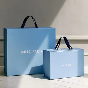 Cajas de regalo magnéticas grandes de papel de cartón rígido embalaje azul cielo de lujo con logotipo personalizado con asa de cinta