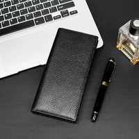 Dompet Kulit Panjang Pria Model Vintage Custom Grosir Tahan Lama Portabel Motif Solid Hitam Gesper Terbuka Kantong Koin PU RFID untuk Kartu Kredit