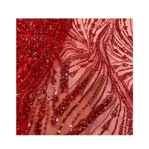 Tela de vestido de hadas de nuevo diseño, cadena de encaje con cuentas de flores rojas para vestido de boda de lujo, malla de tul con lentejuelas