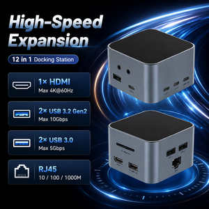 12-in-1 <span class=keywords><strong>USB</strong></span> <span class=keywords><strong>C</strong></span> Docking Station CUBE 4K 60Hz <span class=keywords><strong>HDMI</strong></span> 10Gbps Type <span class=keywords><strong>C</strong></span> HUB กิกะบิตอีเธอร์เน็ต SD TF เครื่องอ่านบัตร100W PD สำหรับแล็ปท็อป - Product Image 1