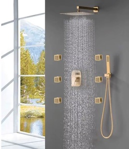 Sistema Doccia Termostatico da 12 Pollici con Soffione Quadrato Effetto Pioggia in Ottone Spazzolato Dorato e 6 Getti Idromassaggio - Product Image 2