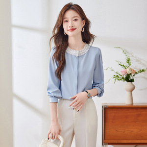 Women's Blue Chiffon Blouse With Ruffle Collar Long Sleeve Elegant Top For Everyday Wear - Product Image 3