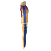 Combinaison acrobatique bleue et orange à franges pour femme, costume de scène à bordure dorée brillante pour le cirque et les spectacles
