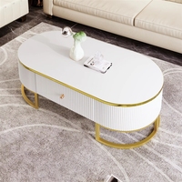 Table basse ovale pour salon avec tiroirs, design à profil incurvé, décor en métal doré, centre de table de 47,2 pouces