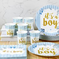 Assiette en papier jetable ronde de 7 pouces approuvée par la FDA 350gsm tableau blanc «Bonjour bébé garçon» dans les fournitures de fête CMJN