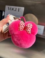 Porte-clés de voiture en peluche fait main, motif tête de Mickey avec nœud en fourrure de lapin Rex, mignon style dessin animé, pendentif pour sac, jouet, décoration, cadeau