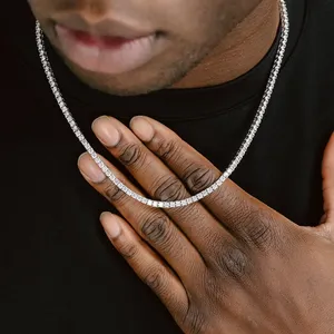 Collier chaîne en argent sterling avec diamants ronds, chaîne <span class=keywords><strong>tennis</strong></span> cubaine sécurisée, style mode - Product Image 1