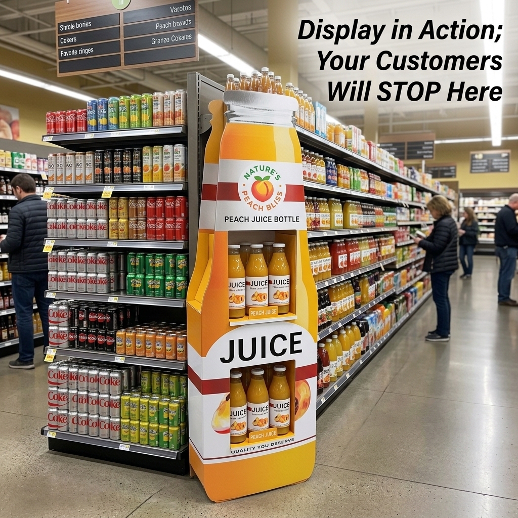 Apache Custom Cardboard Juice Display Rack 2-Tier Bottle-Shaped Corrugated Merchandiser Knock Down Floor Stand for Supermarket — view 1
