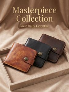 Vintage Genuine Leather Men's <b>Wallet</b> Retro Distressed Cowhide Bifold Purse Short Card Holder with Snap Button Luxury Clutch - Product Image 6