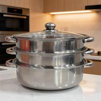 28CM 3-stufiger Edelstahl-Induktionskochtopf mit Glasdeckel, Kochgeschirr-Set mit Dampfkorb und Deckel