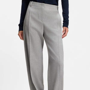 Pantalon de travail gris clair texturé taille haute plissé à jambe large coupe droite en mélange de lin respirant pour le bureau et les affaires - Product Image 2