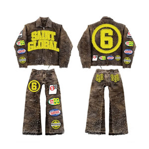 Streetwear personnalisé pour hommes, veste de baseball vieilli Slim-Fit col revers en jean lavable en machine unisexe - Product Image 2