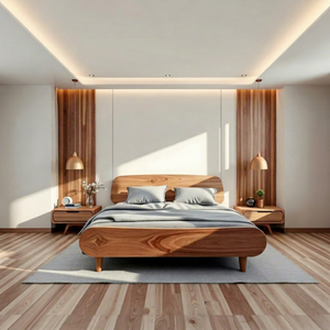 Cadre de lit moderne en teck massif - Meuble de chambre à coucher de luxe minimaliste avec plateforme, taille King, couleurs personnalisables - Product Image 1