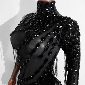 Body Sexy Negro con Flecos, Malla Elástica, Asimétrico, de un Solo Hombro, con Lentejuelas y Borlas, para Baile Latino, Samba, Festivales y Actuaciones - Product Image 6