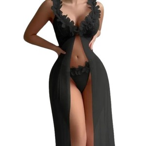 Robe de nuit longue sexy et <span class=keywords><strong>sensuelle</strong></span> pour femme, motif floral, col en V profond, dentelle, fente haute, en maille, ensemble 2 pièces très sexy - Product Image 6