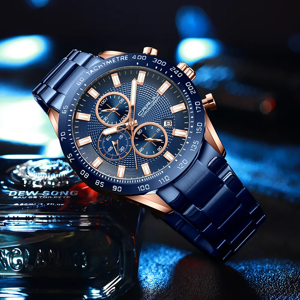 CRRJU Waterproof Top Brand Luxury Stainless Steel Chronograph Big Dial 46MM Men Quartz Wrist Watch