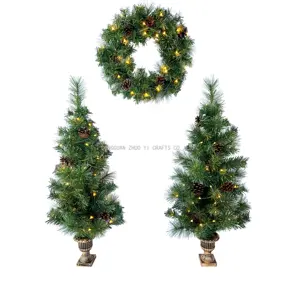 Set Natal hidup Pinus kualitas tinggi dengan lampu, set dekorasi karangan bunga Natal dan pohon miniatur