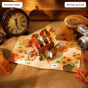 Carte de vœux pop-up Récolte d'automne, Citrouille, Tournesol, Chariot, Thanksgiving, Carte en papier faite main, Cadeau saisonnier personnalisé - Product Image 2
